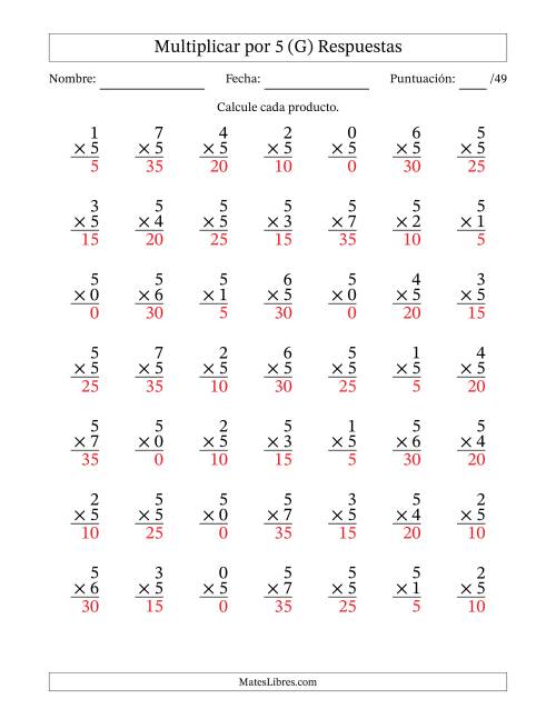 La hoja de ejercicios de Multiplicar (Factores de 0 a 7) por 5 (49 Preguntas) (G) Página 2