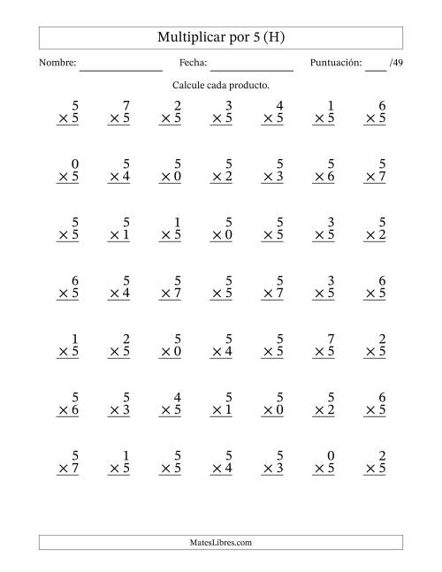 La hoja de ejercicios de Multiplicar (Factores de 0 a 7) por 5 (49 Preguntas) (H)