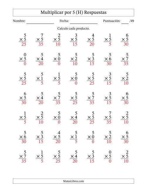 La hoja de ejercicios de Multiplicar (Factores de 0 a 7) por 5 (49 Preguntas) (H) Página 2