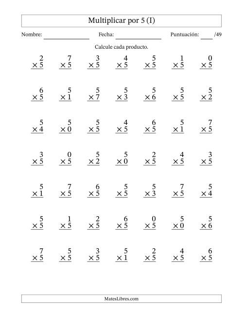 La hoja de ejercicios de Multiplicar (Factores de 0 a 7) por 5 (49 Preguntas) (I)