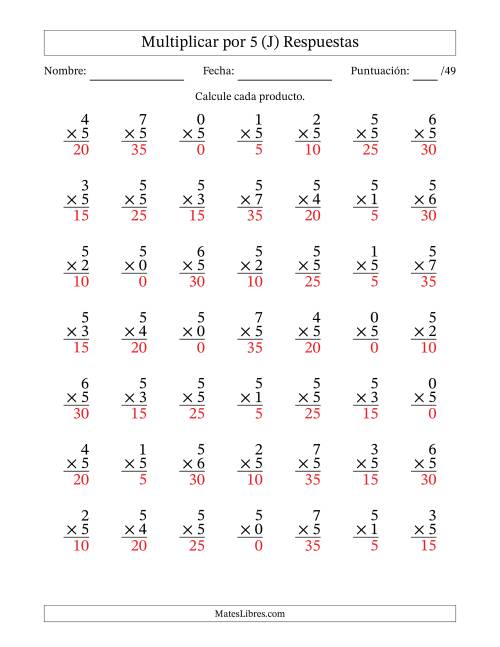 La hoja de ejercicios de Multiplicar (Factores de 0 a 7) por 5 (49 Preguntas) (J) Página 2