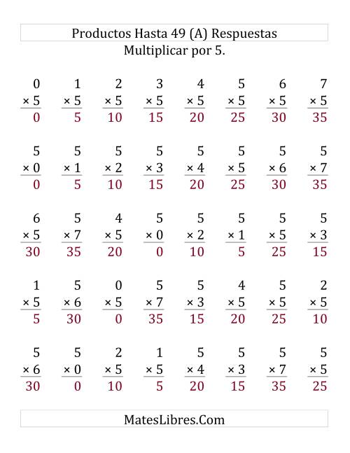 La hoja de ejercicios de Multiplicar por 5 (rango de 0 a 7) (Grande) Página 2