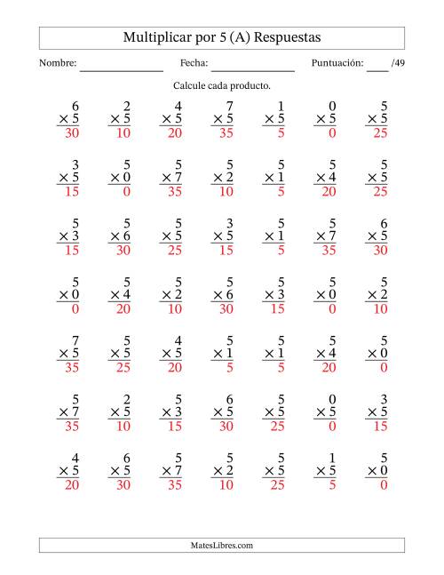 La hoja de ejercicios de Multiplicar (Factores de 0 a 7) por 5 (49 Preguntas) (Todas) Página 2