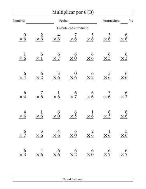 La hoja de ejercicios de Multiplicar (Factores de 0 a 7) por 6 (49 Preguntas) (B)