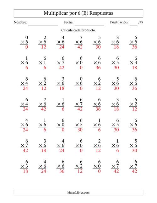 La hoja de ejercicios de Multiplicar (Factores de 0 a 7) por 6 (49 Preguntas) (B) Página 2
