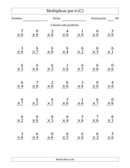 La hoja de ejercicios de Multiplicar (Factores de 0 a 7) por 6 (49 Preguntas) (C)