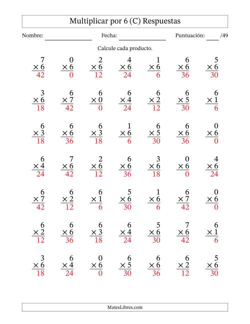 La hoja de ejercicios de Multiplicar (Factores de 0 a 7) por 6 (49 Preguntas) (C) Página 2