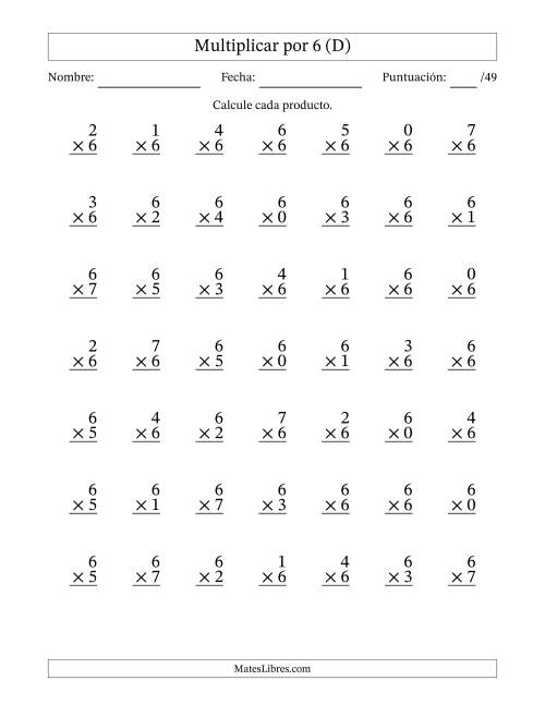 La hoja de ejercicios de Multiplicar (Factores de 0 a 7) por 6 (49 Preguntas) (D)