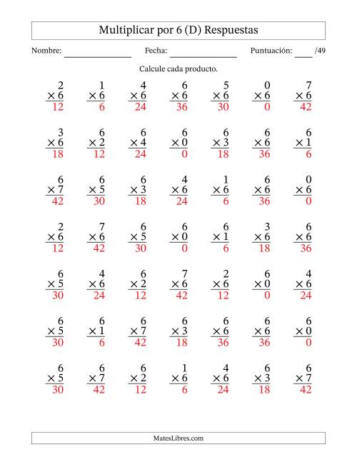 La hoja de ejercicios de Multiplicar (Factores de 0 a 7) por 6 (49 Preguntas) (D) Página 2