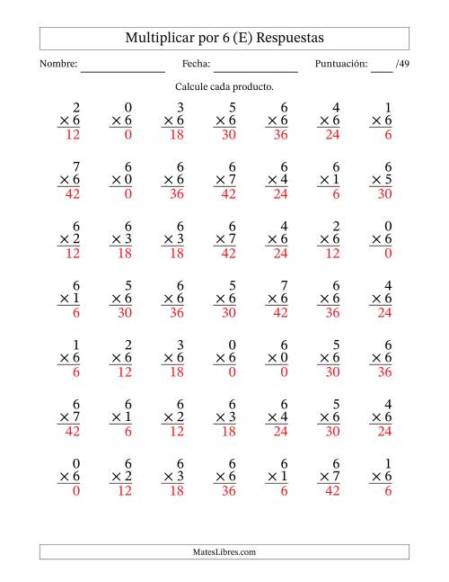 La hoja de ejercicios de Multiplicar (Factores de 0 a 7) por 6 (49 Preguntas) (E) Página 2