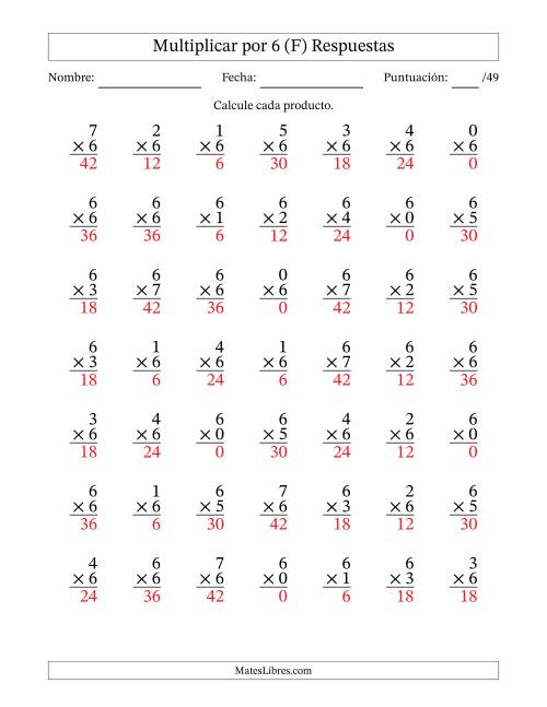 La hoja de ejercicios de Multiplicar (Factores de 0 a 7) por 6 (49 Preguntas) (F) Página 2