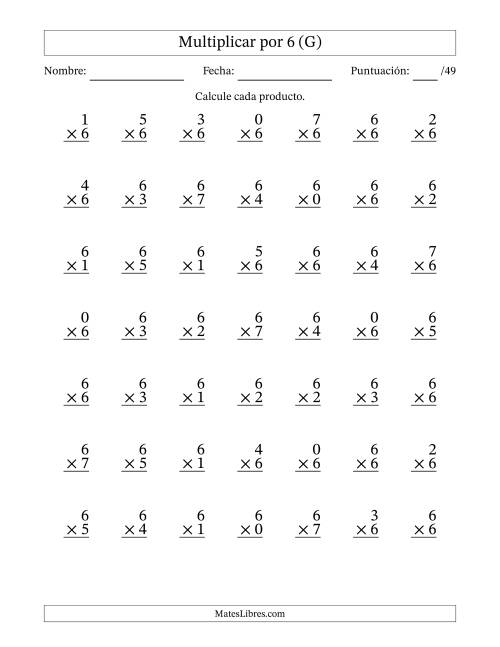 La hoja de ejercicios de Multiplicar (Factores de 0 a 7) por 6 (49 Preguntas) (G)