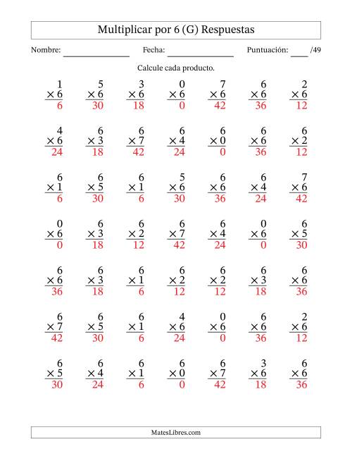 La hoja de ejercicios de Multiplicar (Factores de 0 a 7) por 6 (49 Preguntas) (G) Página 2