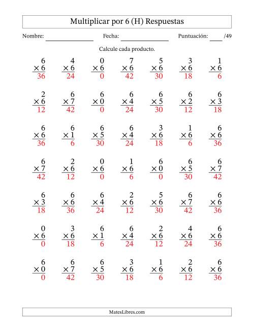 La hoja de ejercicios de Multiplicar (Factores de 0 a 7) por 6 (49 Preguntas) (H) Página 2