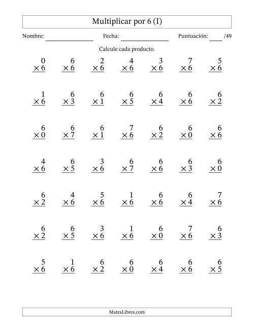 La hoja de ejercicios de Multiplicar (Factores de 0 a 7) por 6 (49 Preguntas) (I)