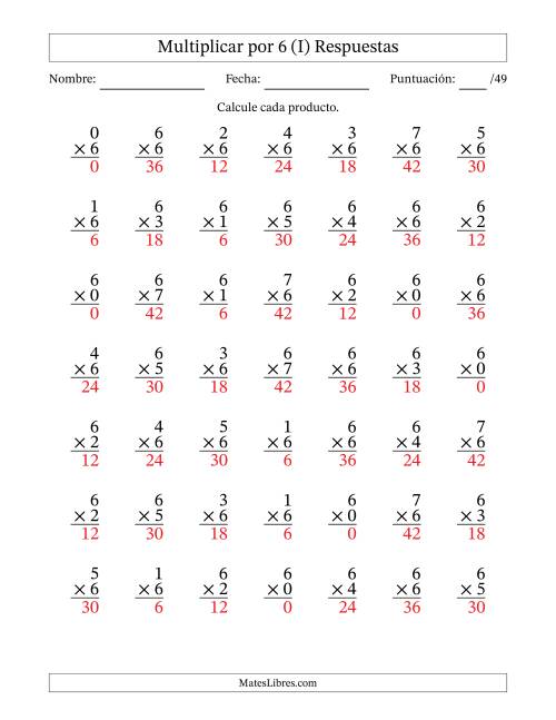 La hoja de ejercicios de Multiplicar (Factores de 0 a 7) por 6 (49 Preguntas) (I) Página 2