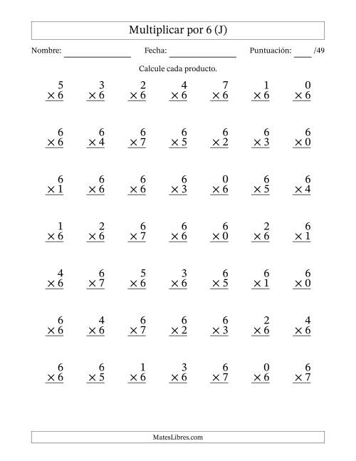 La hoja de ejercicios de Multiplicar (Factores de 0 a 7) por 6 (49 Preguntas) (J)