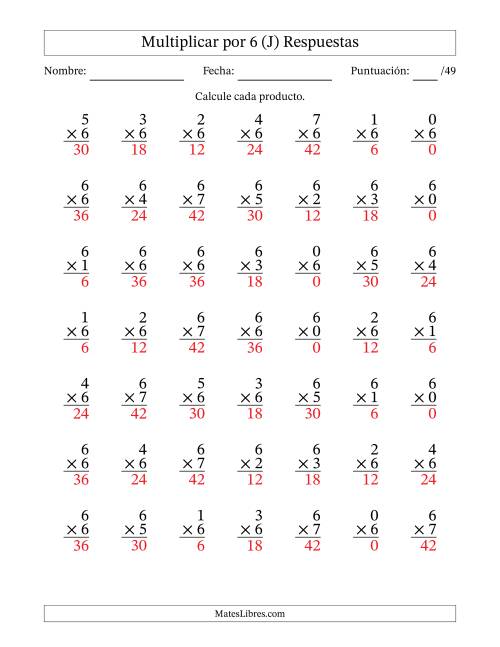 La hoja de ejercicios de Multiplicar (Factores de 0 a 7) por 6 (49 Preguntas) (J) Página 2