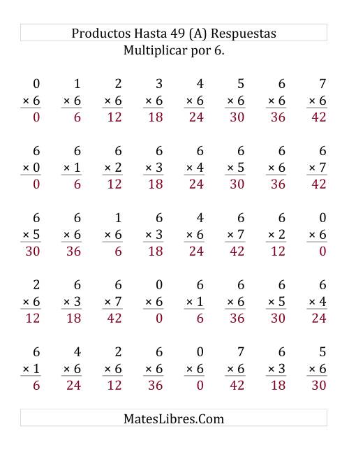 La hoja de ejercicios de Multiplicar por 6 (rango de 0 a 7) (Grande) Página 2
