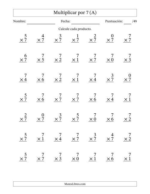 La hoja de ejercicios de Multiplicar (Factores de 0 a 7) por 7 (49 Preguntas) (A)