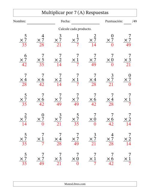 La hoja de ejercicios de Multiplicar (Factores de 0 a 7) por 7 (49 Preguntas) (A) Página 2