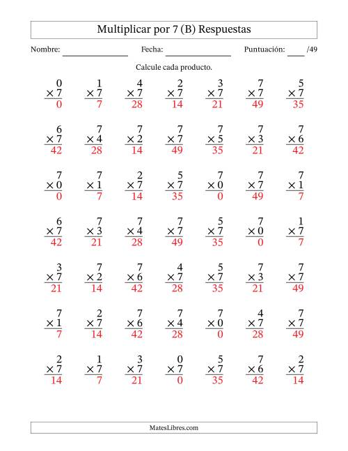 La hoja de ejercicios de Multiplicar (Factores de 0 a 7) por 7 (49 Preguntas) (B) Página 2