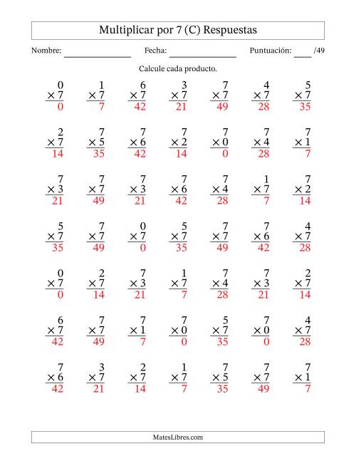 La hoja de ejercicios de Multiplicar (Factores de 0 a 7) por 7 (49 Preguntas) (C) Página 2