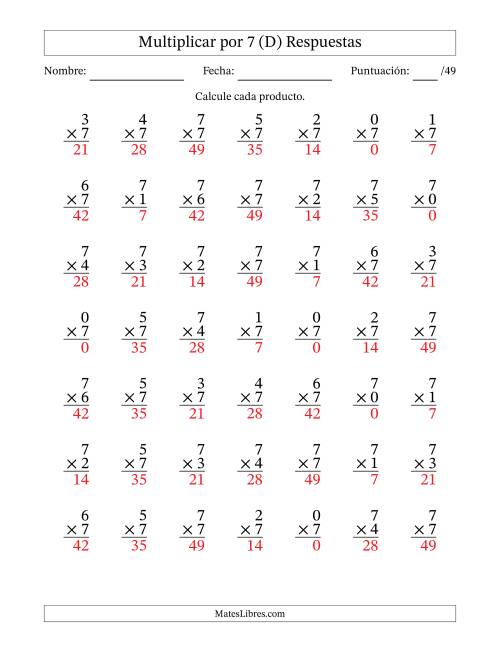 La hoja de ejercicios de Multiplicar (Factores de 0 a 7) por 7 (49 Preguntas) (D) Página 2