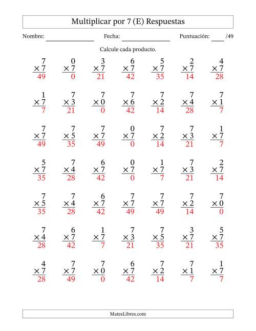 La hoja de ejercicios de Multiplicar (Factores de 0 a 7) por 7 (49 Preguntas) (E) Página 2