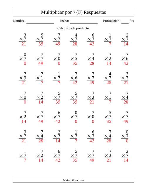La hoja de ejercicios de Multiplicar (Factores de 0 a 7) por 7 (49 Preguntas) (F) Página 2