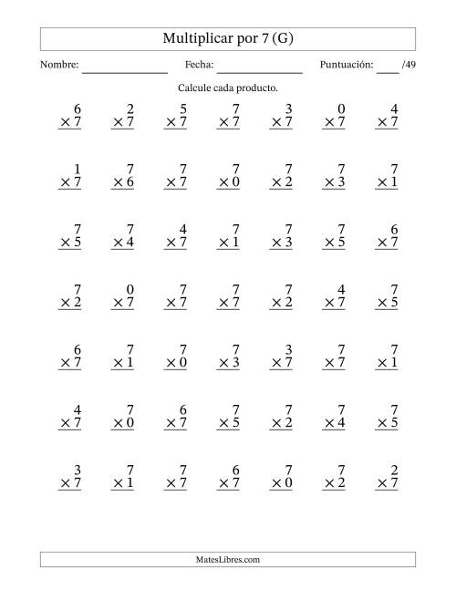 La hoja de ejercicios de Multiplicar (Factores de 0 a 7) por 7 (49 Preguntas) (G)