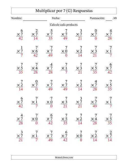 La hoja de ejercicios de Multiplicar (Factores de 0 a 7) por 7 (49 Preguntas) (G) Página 2