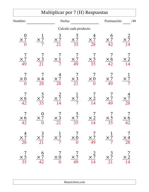 La hoja de ejercicios de Multiplicar (Factores de 0 a 7) por 7 (49 Preguntas) (H) Página 2