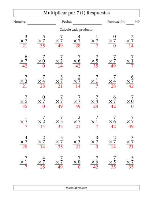 La hoja de ejercicios de Multiplicar (Factores de 0 a 7) por 7 (49 Preguntas) (I) Página 2