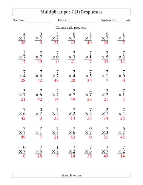 La hoja de ejercicios de Multiplicar (Factores de 0 a 7) por 7 (49 Preguntas) (J) Página 2