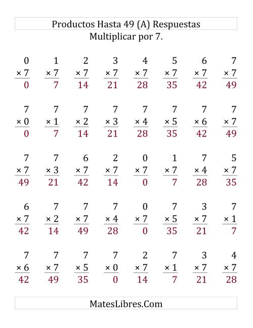 La hoja de ejercicios de Multiplicar por 7 (rango de 0 a 7) (Grande) Página 2