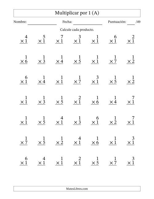 La hoja de ejercicios de Multiplicar (Factores de 1 a 7) por 1 (49 Preguntas) (A)