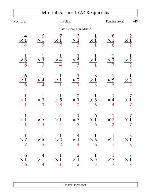 La hoja de ejercicios de Multiplicar (Factores de 1 a 7) por 1 (49 Preguntas) (A) Página 2