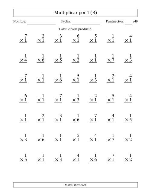 La hoja de ejercicios de Multiplicar (Factores de 1 a 7) por 1 (49 Preguntas) (B)