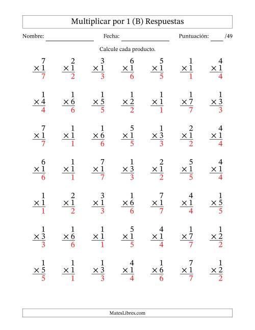 La hoja de ejercicios de Multiplicar (Factores de 1 a 7) por 1 (49 Preguntas) (B) Página 2