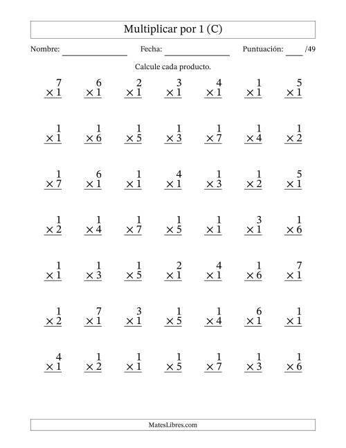 La hoja de ejercicios de Multiplicar (Factores de 1 a 7) por 1 (49 Preguntas) (C)