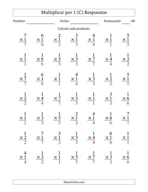 La hoja de ejercicios de Multiplicar (Factores de 1 a 7) por 1 (49 Preguntas) (C) Página 2