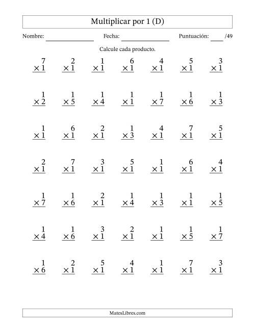 La hoja de ejercicios de Multiplicar (Factores de 1 a 7) por 1 (49 Preguntas) (D)