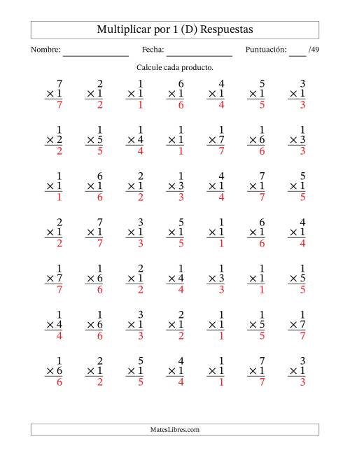 La hoja de ejercicios de Multiplicar (Factores de 1 a 7) por 1 (49 Preguntas) (D) Página 2