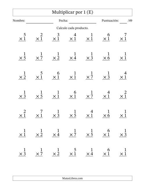La hoja de ejercicios de Multiplicar (Factores de 1 a 7) por 1 (49 Preguntas) (E)
