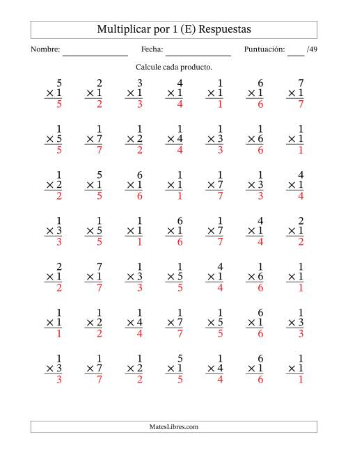 La hoja de ejercicios de Multiplicar (Factores de 1 a 7) por 1 (49 Preguntas) (E) Página 2