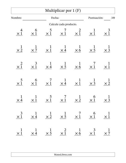 La hoja de ejercicios de Multiplicar (Factores de 1 a 7) por 1 (49 Preguntas) (F)