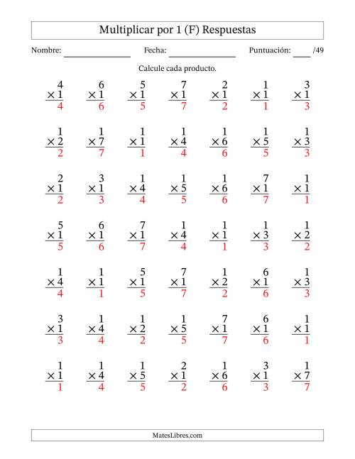 La hoja de ejercicios de Multiplicar (Factores de 1 a 7) por 1 (49 Preguntas) (F) Página 2