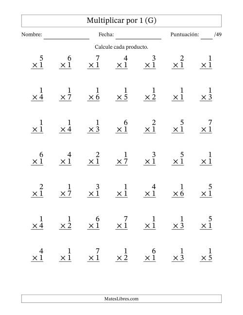 La hoja de ejercicios de Multiplicar (Factores de 1 a 7) por 1 (49 Preguntas) (G)