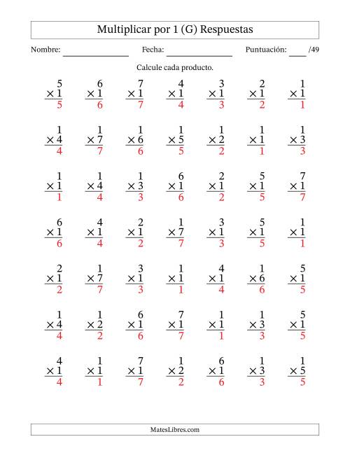 La hoja de ejercicios de Multiplicar (Factores de 1 a 7) por 1 (49 Preguntas) (G) Página 2